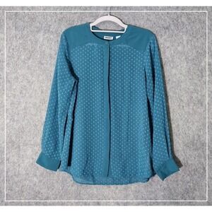 Dkny Blouse S Blue Cottage Core Hidden Button Long Sleeve Swiss Dots Chiffon Mod
